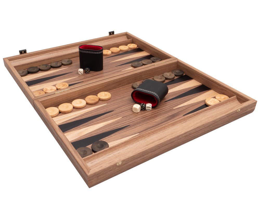 Tournament Walnut & Maple Backgammon Set by Manopoulos â€“ Luxury handcrafted wooden game board with deluxe accessories from Regency Chess.