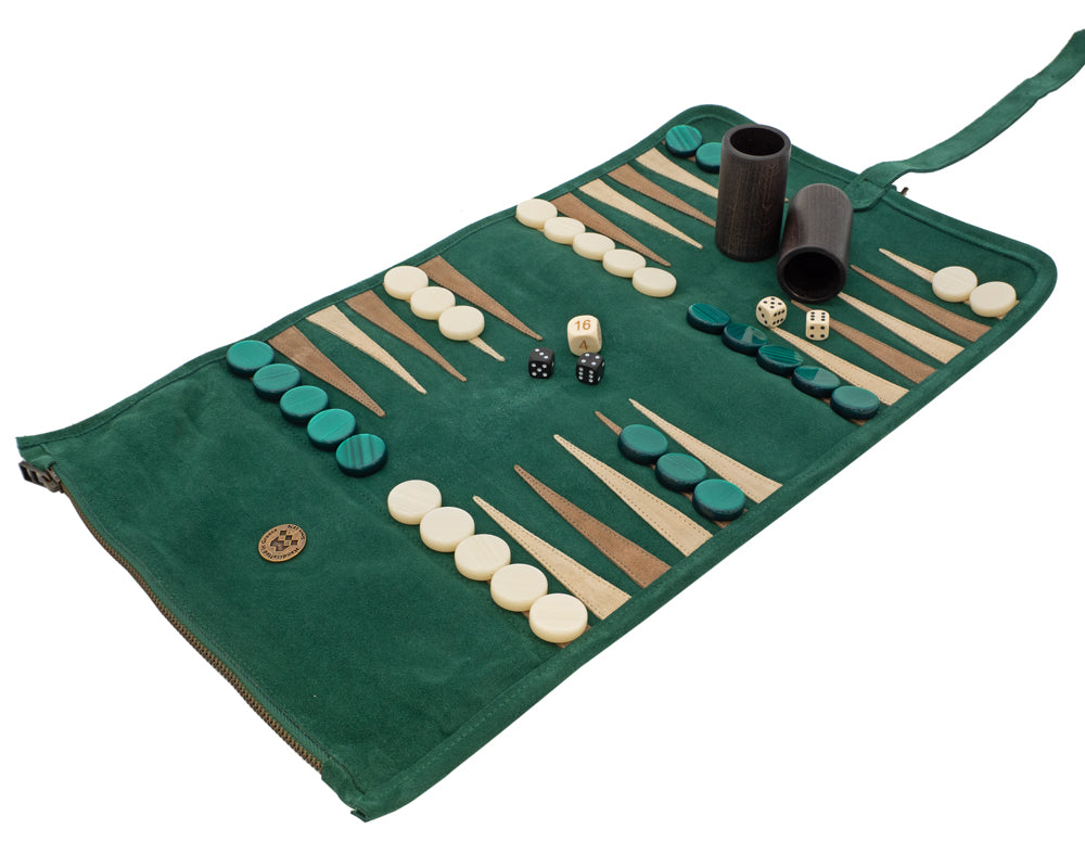 Manopoulos - set da Backgammon arrotolabile in camoscio da viaggio - Verde